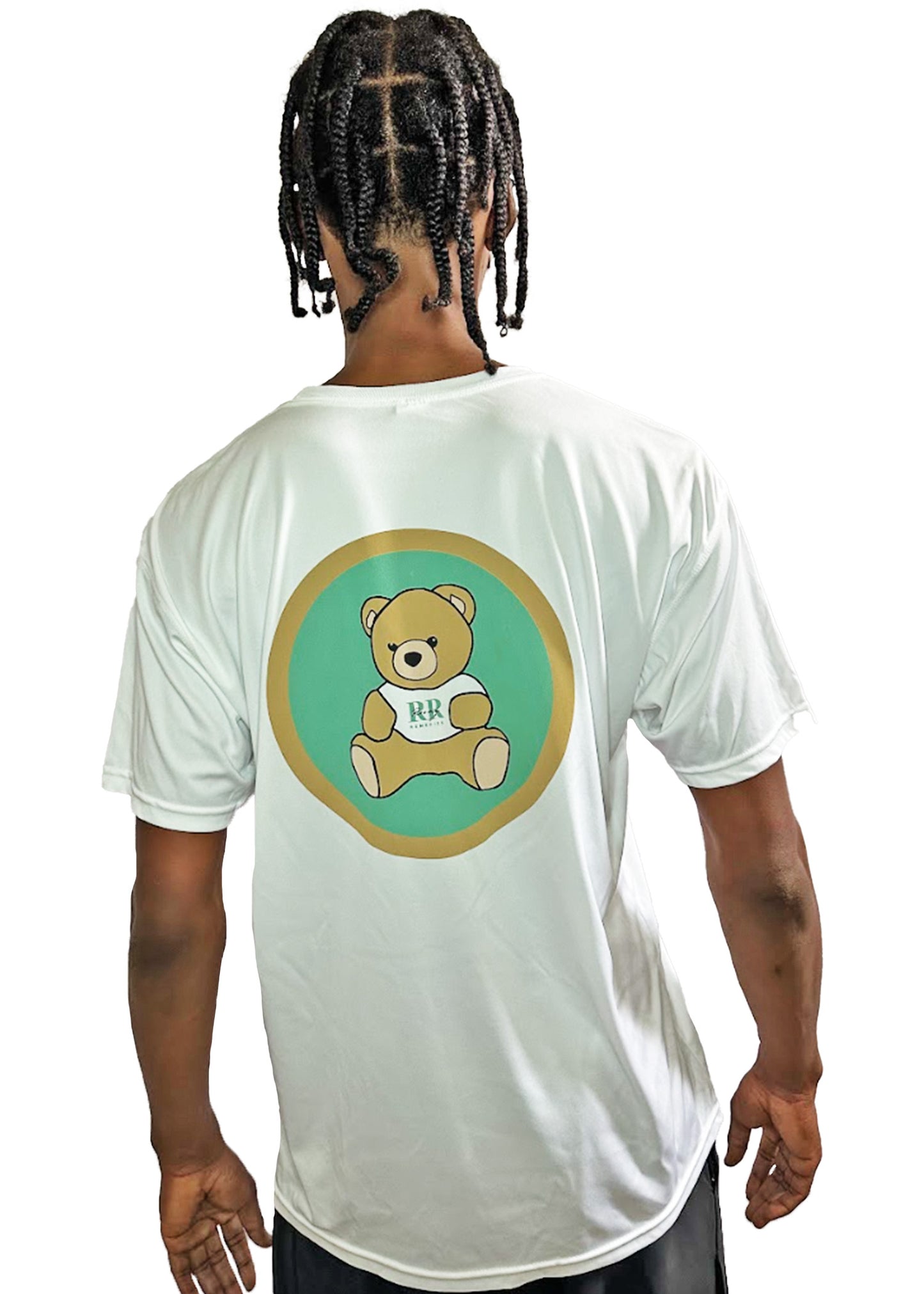 Back of white dri-fit athletic shirt with large green circle and a bear in the middle of it