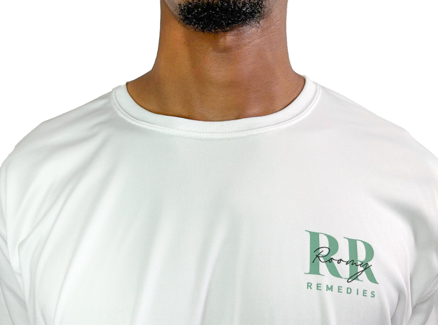 close up shot of white crew neck line with green RR logo