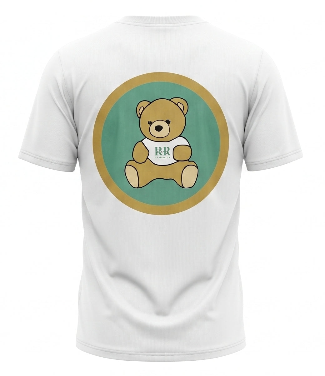 White short-sleeve t-shirt shown from the back, featuring a large circular graphic of a cartoon teddy bear wearing a shirt with 'RR' on it, set against a teal circle with a gold border.