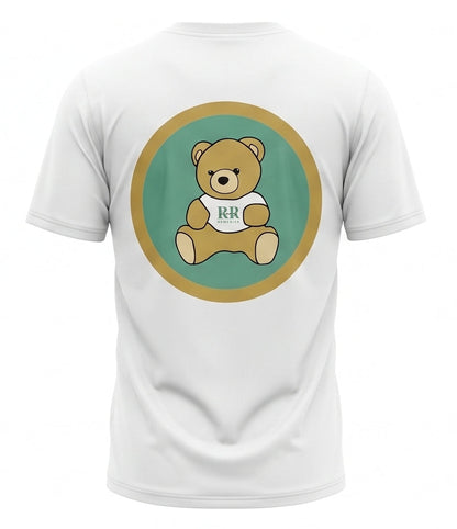 White short-sleeve t-shirt shown from the back, featuring a large circular graphic of a cartoon teddy bear wearing a shirt with 'RR' on it, set against a teal circle with a gold border.