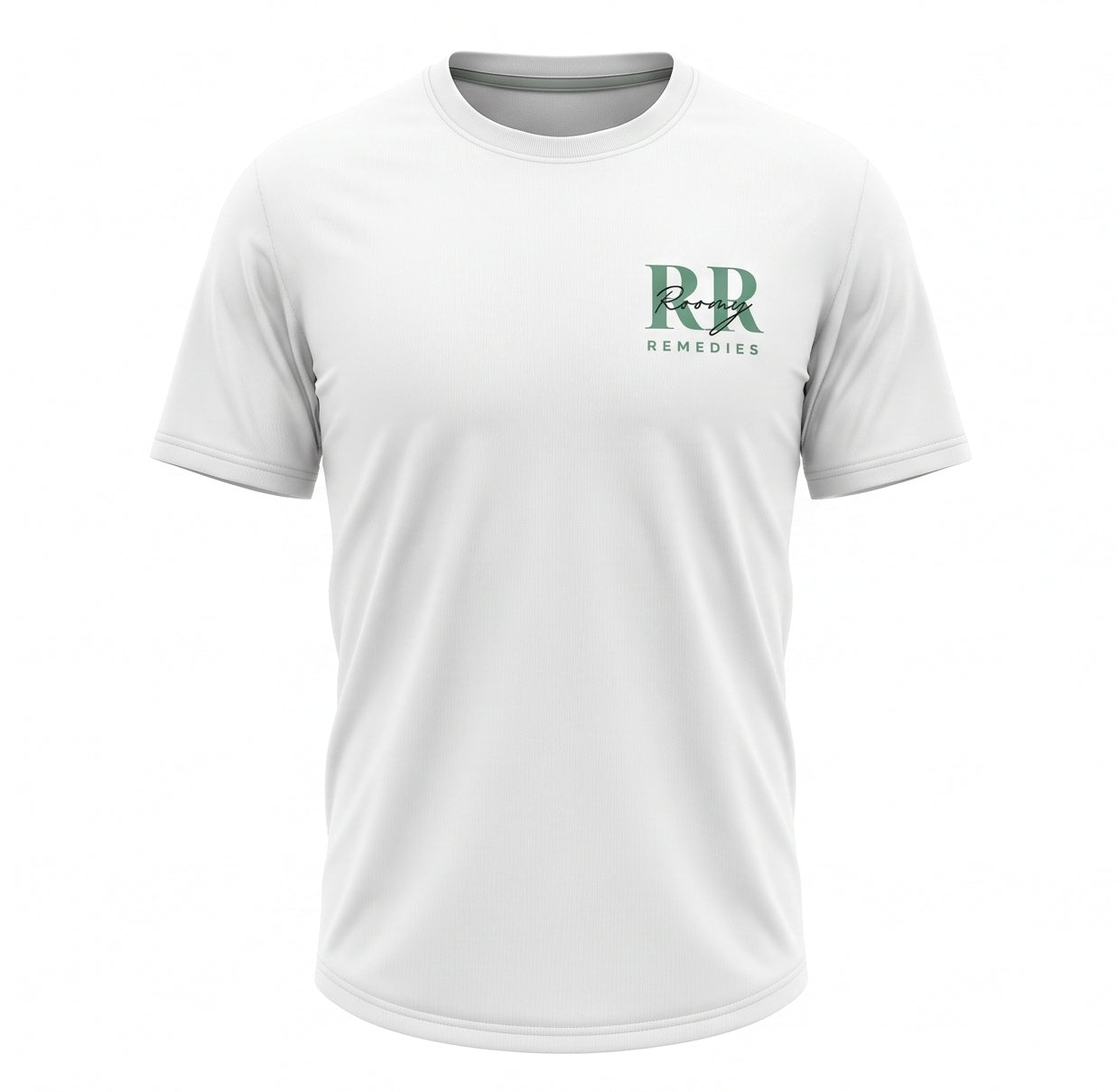 A white short-sleeve crewneck t-shirt with a green 'RR Remedies' logo printed on the left chest, shown on a plain white background.