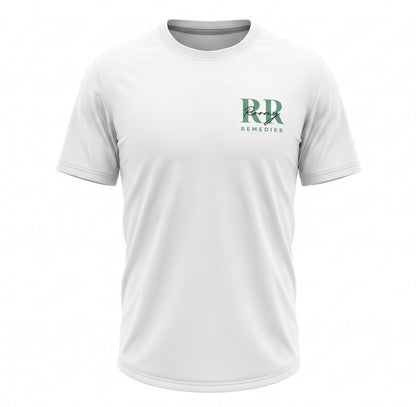 A white short-sleeve crewneck t-shirt with a green 'RR Remedies' logo printed on the left chest, shown on a plain white background.