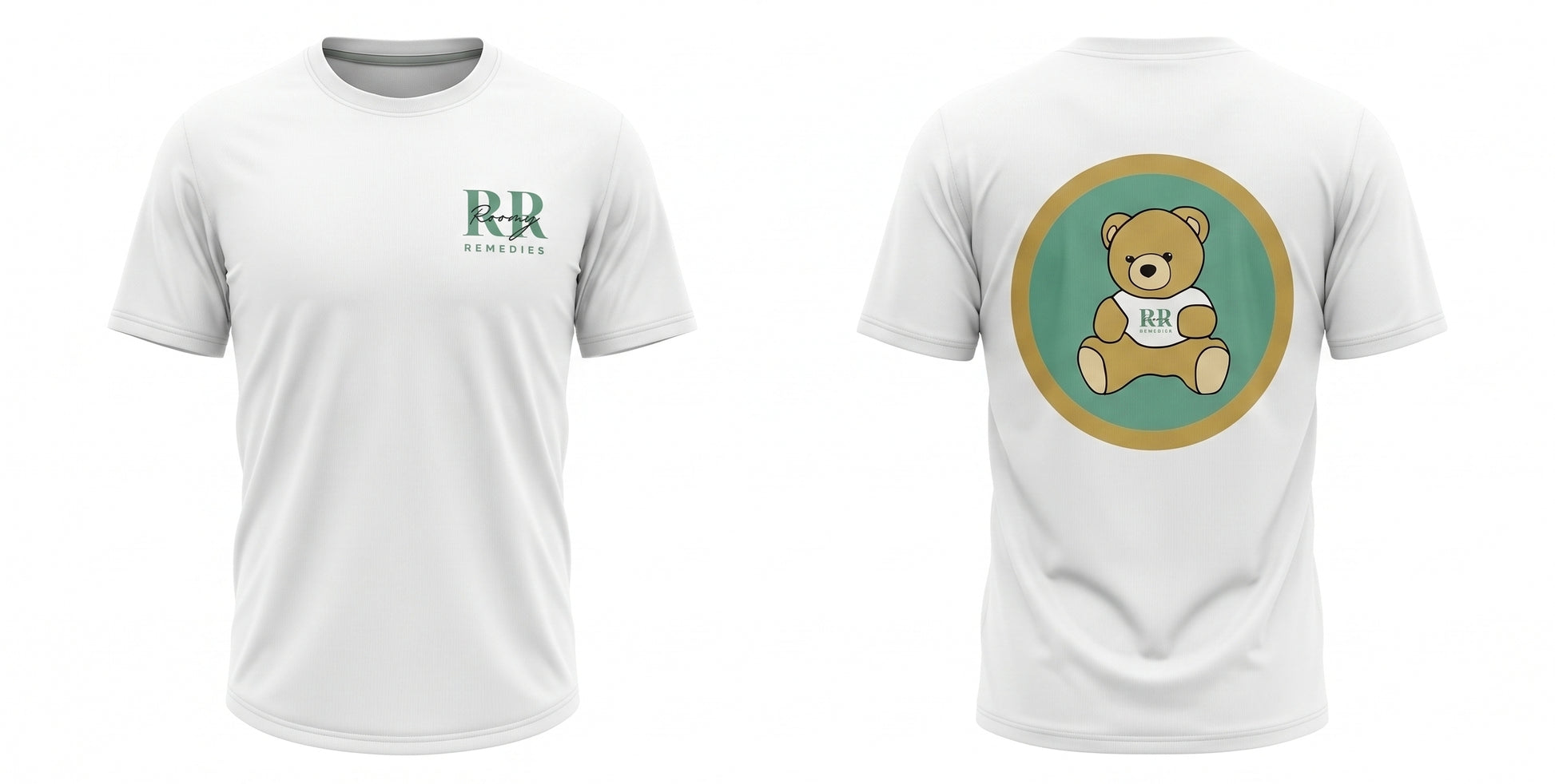 White short-sleeve t-shirt shown from the front and back. The front features a green 'RR' logo with 'REMEDIES' underneath on the left chest.