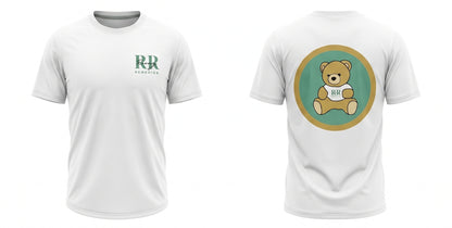 White short-sleeve t-shirt shown from the front and back. The front features a green 'RR' logo with 'REMEDIES' underneath on the left chest.